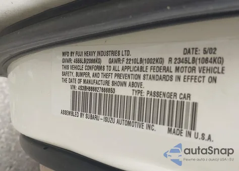 2002 Subaru Outback Limited from USA, damaged, VIN 4S3BH686627666853